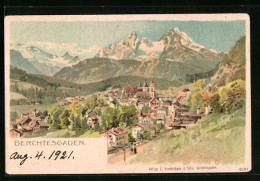 Künstler-AK Berchtesgaden, Ortschaft Vor Bergpanorama  - Berchtesgaden