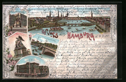 Lithographie Hamburg, Ortsansicht, Lombardsbrücke, Börse  - Mitte