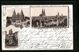 Lithographie Lübeck, Holstentor, Geibel-Denkmal, Teilansicht Aus Der Vogelschau  - Luebeck