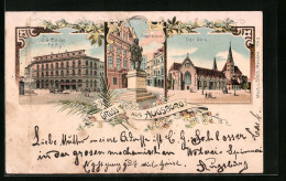 Lithographie Augsburg, Dom, Fugger-Denkmal, Börse  - Augsburg