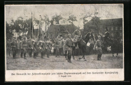 AK Karlsruhe, Der Anmarsch Der Fahnenkompagnie Zum Letzten Regimentsappell Auf Dem Exerzierplatz 1914  - Karlsruhe