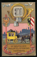 Künstler-AK Nürnberg, 27. Deutscher Philatelisten-Tag 22.-25.07.1921, Postkutsche Und Briefmarke, Ganzsache  - Sellos (representaciones)