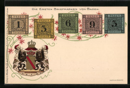 Künstler-AK Die Ersten Briefmarken Von Baden, Landeswappen  - Timbres (représentations)