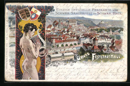 Künstler-AK Schwäbisches Sängerfest 1901 In Schwäb. Hall - Figur Mit Lyra, Ortsansicht, Wappen, Ganzsache Württem  - Briefkaarten