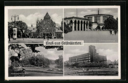 AK Gelsenkirchen, Bahnhof, Hans Sachs Haus Mit Froschquartettbrunnen, Ausstellungshalle  - Gelsenkirchen