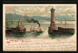 Lithographie Lindau /Bodensee, Hafeneinfahrt Mit Dampfschiff Und Segelbooten  - Lindau A. Bodensee