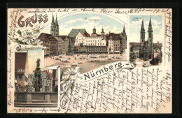 Lithographie Nürnberg, Marktplatz, Sebaldus-Kirche, Jugendbrunnen  - Nuernberg