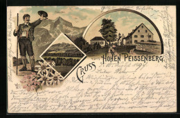 Lithographie Hohenpeissenberg, Ortspartie Mit Kirche, Mann In Tracht Und Zugspitze, Panorama  - Zugspitze