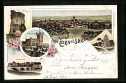 Lithographie Crailsheim, Jagstbrücke, Wilhelmshöhe, Ruine Kloster Anhausen, Ortsansicht Aus Der Vogelschau  - Crailsheim