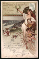 Lithographie Passau, 8. Bayer. Sängerfest 1898, Ortsansicht, Wappen Und Dame Mit Leier, Ganzsache Bayern  - Briefkaarten