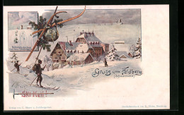 Lithographie Feldberg /Schwarzwald, Gasthaus Z. Feldbergspitze Mit Skifahrern  - Feldberg