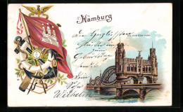 Lithographie Hamburg-Rothenburgsort, Neue Elbbrücke, Rettungsring Mit Anker Und Stadtflagge  - Mitte
