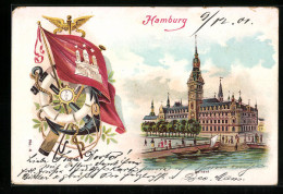 Lithographie Hamburg, Rathaus, Rettungsring Mit Anker Und Stadtflagge  - Mitte