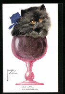 Künstler-AK Lawson Wood: Glück Und Glas, Wie Leicht Bricht Das., Graues Kätzchen In Einem Glas  - Wood, Lawson