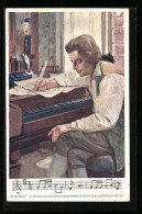 Künstler-AK Mozart Komponiert Ein Lied Am Klavier, Noten- Und Textzeile Don Juan  - Entertainers