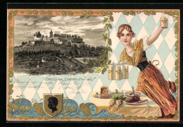 Passepartout-Lithographie Coburg, Burg, Wappen, Spezialitäten  - Autres & Non Classés