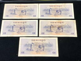 Cambodia Democratic Kampuchea Banknotes #24-0.1 Riels 1975- Khome 5 Pcs Xf Very Rare - Cambodge