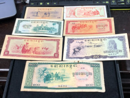 Cambodia Democratic Kampuchea Banknotes 1 Set- 1975- Khome 7 Pcs Xfau Very Rare - Cambodja