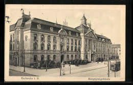 AK Karlsruhe I. B., Hauptpostgebäude Mit Strassenbahn  - Tramways