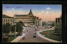 AK Halle A. S., Riebeckplatz Mit Hotel Goldene Kugel Und Strassenbahn  - Tramways