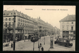 AK Karlsruhe, Östliche Kaiserstrasse Ab Marktplatz Mit Geschäften Und Strassenbahn  - Tramways