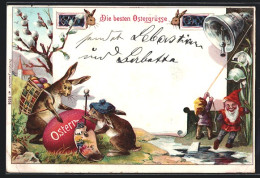 Lithographie Osterhasen Mit Ostereiern, Zwerg Läutet Osterglocke  - Pâques