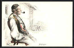 Lithographie Betzingen, Älterer Mann In Schwäbischer Tracht Mit Tabakspfeife  - Costumes