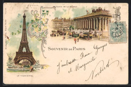 Lithographie Paris, La Tour Eiffel, Eiffelturm, Place De La Bourse  - Sonstige & Ohne Zuordnung