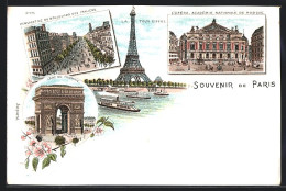 Lithographie Paris, La Tour Eiffel, Eiffelturm, L`Opera, Académie Nationale De Musique  - Sonstige & Ohne Zuordnung