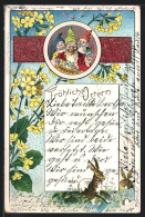 Lithographie Drei Zwerge Mit Ostereiern, Osterhasen, Blumen  - Pâques