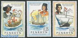Penrhyn 1992 Discovery Of America 3v, Mint NH, History - Transport - Explorers - Ships And Boats - Explorers