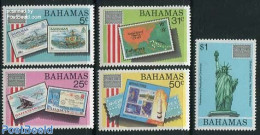 Bahamas 1986 Ameripex 5v, Mint NH, Transport - Various - Stamps On Stamps - Aircraft & Aviation - Space Exploration - .. - Sellos Sobre Sellos