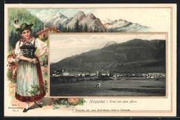 Passepartout-Lithographie Kitzbühel I. Tirol, Totalansicht Mit Dem Horn, Frau In Tracht  - Autres & Non Classés