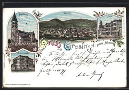 Lithographie Graslitz / Erzgebirge-Böhmen, Amtsgebäude, Schule, Neue Kirche, Ortsansicht  - Tchéquie