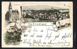 Lithographie Friedland, Rathaus, Schloss, Aussichtsturm Auf Dem Resselberge, Ortsansicht  - Tchéquie