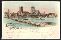 Lithographie Köln, Ortsansicht Mit Dom Und Pontonbrücke, Halt Gegen Das Licht: Beleuchtete Fenster  - Köln