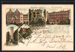 Vorläufer-Lithographie Heidelberg, 1894, Der Königsstuhl, Molkenkur, Otto-Heinrichsbau  - Heidelberg