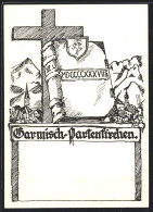 Künstler-AK Garmisch-Partenkirchen, Riesiges Kreuz Und In Leder Gebundenes Buch Inmitten Der Ortschaft  - Autres & Non Classés