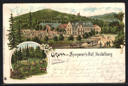 Lithographie Heidelberg, Hotel-Restaurant Speierershof E. Schmidt Mit Garten Und Strassse, Waldtiere  - Heidelberg