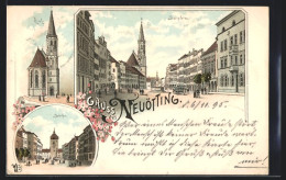 Vorläufer-Lithographie Neuötting, 1895, Stadtplatz, Kirche, Stadttor  - Neuötting