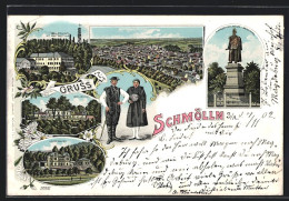 Lithographie Schmölln, Schiesshaus Mit Ernst Agnes-Turm, Bellevue, Kaiser-Wilhelm-Denkmal  - Schmölln