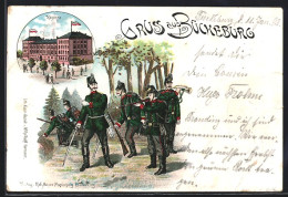 Lithographie Bückeburg, Kaserne, Soldaten In Uniform Im Manöver  - Bueckeburg
