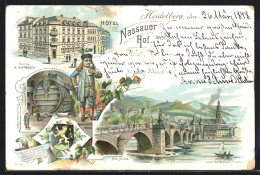Lithographie Heidelberg, Hotel Nassauer Hof, Alte Brücke  - Heidelberg