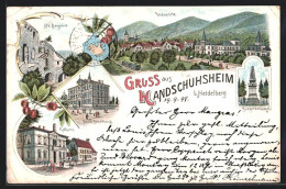 Lithographie Handschuhsheim B. Heidelberg, Neues Schulhaus, Rathaus, Die Burgruine  - Heidelberg