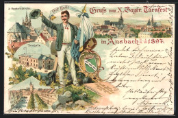Lithographie Ansbach, X. Bayer. Turnfest 1897, Turnhalle, Steinerne Promenade  - Autres & Non Classés