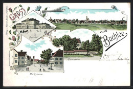 Lithographie Buchloe, Bahnhof, Marktstrasse, Kellergarten  - Buchloe