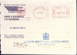 1995-VARZI Comunità Montana Lire 750 Annullo Meccanico (rosso) Su Avviso Ricevim - 1991-00: Marcophilia