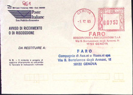 1995-GENOVA F.A.R.O. Lire 750 Annullo Meccanico (rosso) Su Avviso Ricevimento (1 - 1991-00: Poststempel