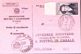 1952-BELLINI Lire 25 Isolato Su Avviso Ricevimento - 1946-60: Storia Postale