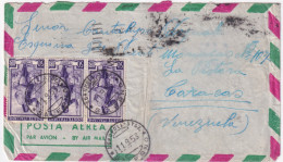 1953-ITALIA LAVORO Striscia Tre Lire 50 (647) Su Busta Via Aerea Agropoli (11.9) - 1946-60: Storia Postale